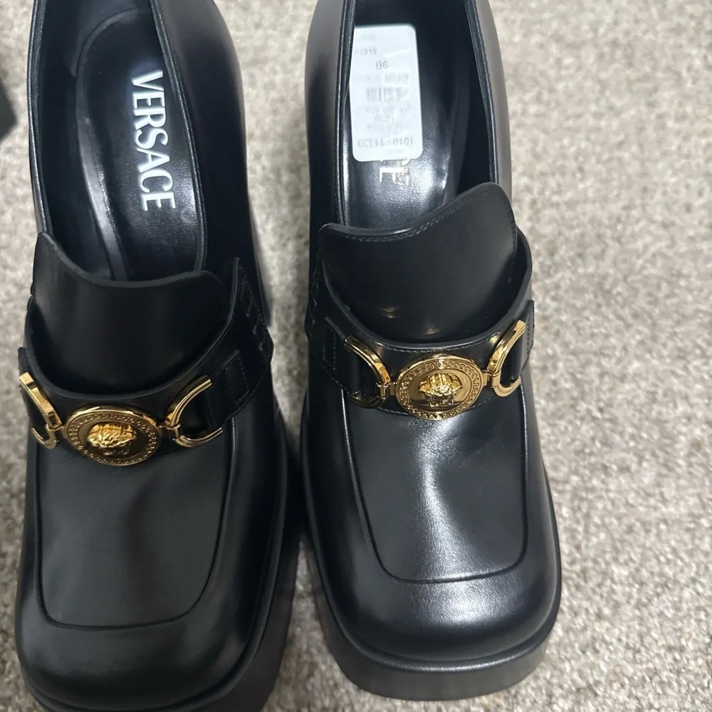 Versace Black Leather Platform Loafers with Gold Medusa Hardware